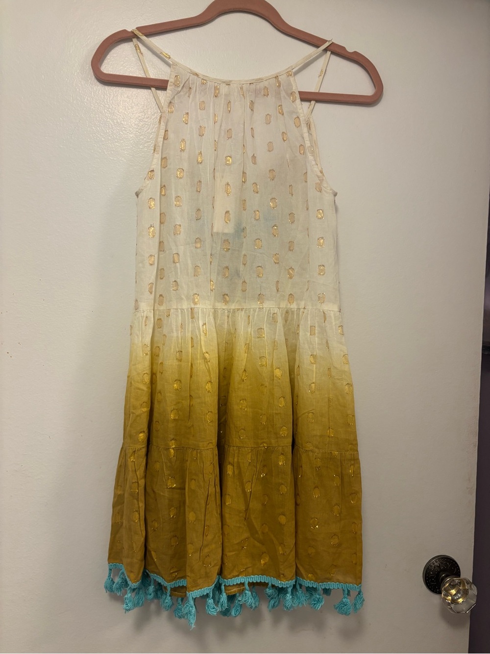 New festival boho Cream to yellow Ombre Mini Dress with Turquoise Tassels - Picture 3 of 6